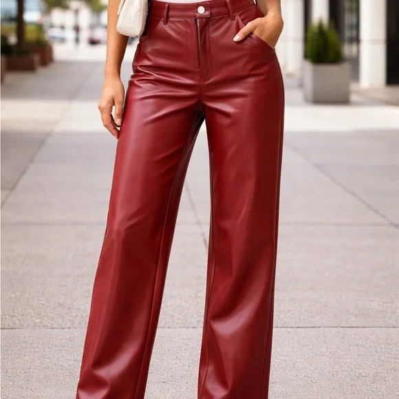 SHEIN Deep Red Faux Leather Trousers - Picture 3 of 4